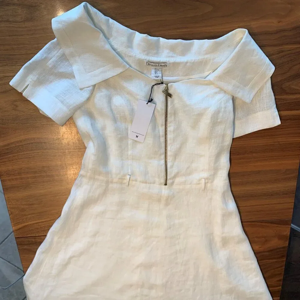 White Zip-Front Linen A-Line Dress - Picture 3 of 16